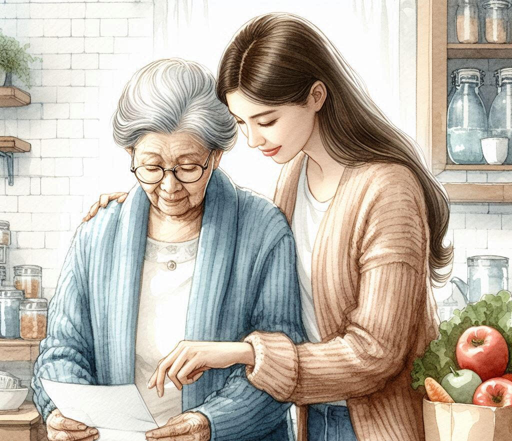 A young woman assisting an elderly woman