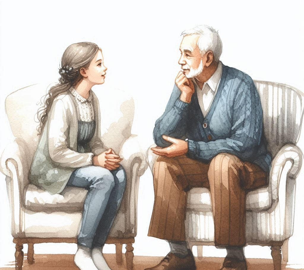 Illustration of a young woman talking to an old man.